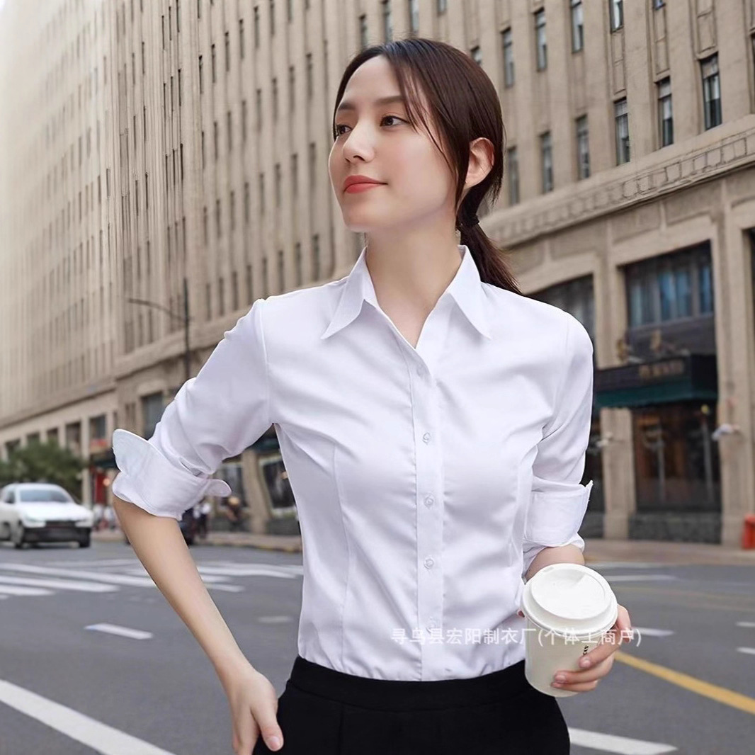 White Long-Sleeved Slim-Fit Shirt for Women, Suitable for Spring, Summer, and Autumn, Elegant Business Attire, Workwear, Base Layer Top