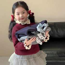 新款儿童一体绒加厚针织毛衣女童秋冬季木耳花边韩气花边简约上衣