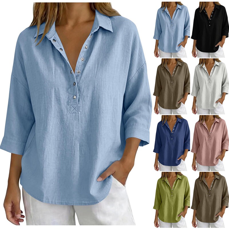 2026 European and American Foreign Trade Cross-Border Amazon Summer Loose Fashion Solid Color Casual Three-Quarter Sleeve Shirt 2026 European and American Foreign Trade Cross-Border Amazon Summer Loose Fashion Solid Color Casual Three-Quarter Sleeve Shirt