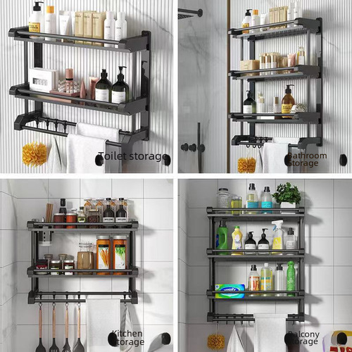 Stainless steel hole-free towel rack bathroom shelf organizer bathroom bath towel rack washroom kitchen tray wall-mounted rack