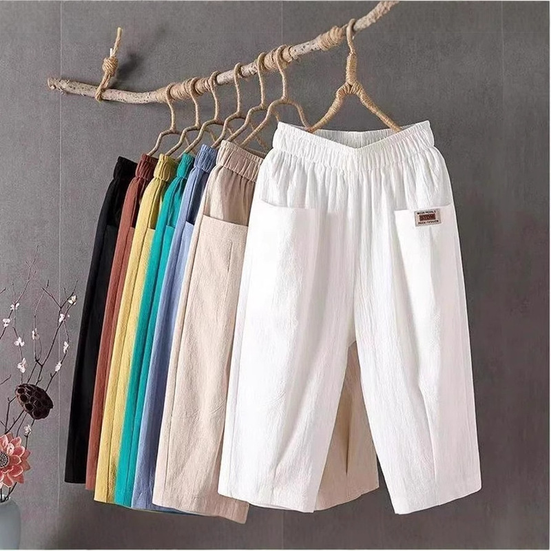 Summer Cotton and Linen Capri Pants Women's Loose plus size Linen Loose Waist Small Feet Haren Pants All-match Casual Pants 8207