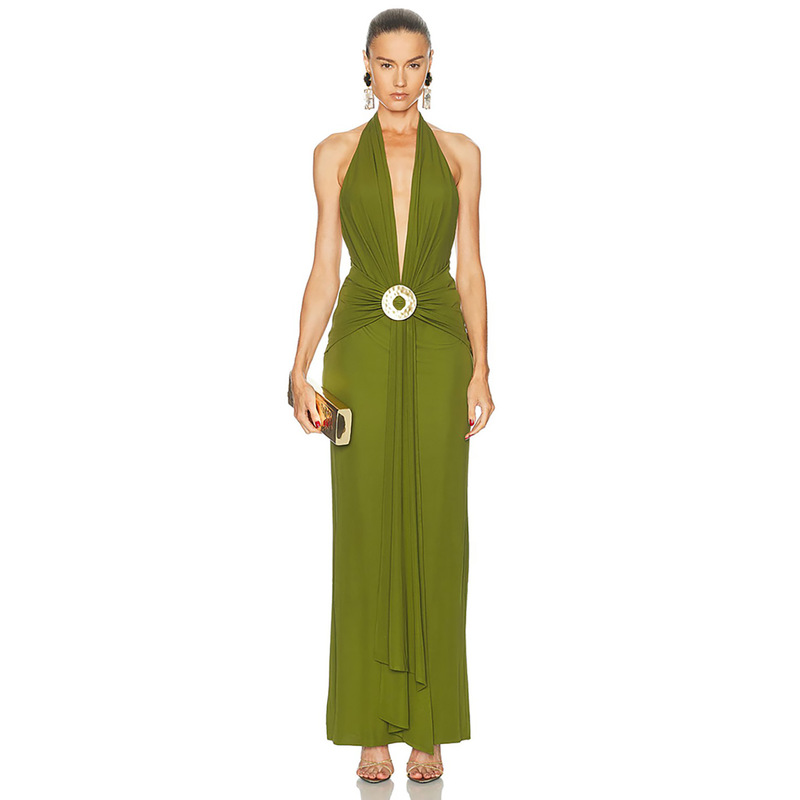 Halter neck deep V-neck dress with pleated metal buckle, backless evening gown, long dress for dinner parties and seaside vacations