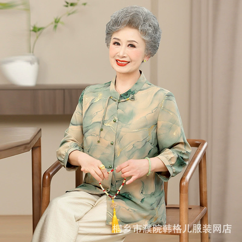 Бабушка летняя рубашка 2025 новый национальный ветер женский старенькая пуговица топ мама рукава свободная одежда