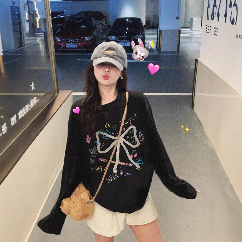 Fat mm Korean Bow Large Size Long-Sleeved T-Shirt for Women 2025 New Loose Black Bottoming Shirt Early Spring Top Ins Fat mm Korean Bow Large Size Long-Sleeved T-Shirt for Women 2025 New Loose Black Bottoming Shirt Early Spring Top Ins