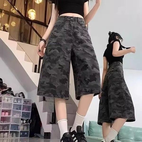 American-Style Camouflage Wide-Leg Denim Cropped Pants for Women, Summer 2025 New High-Waisted Casual Slimming Workwear Straight Shorts