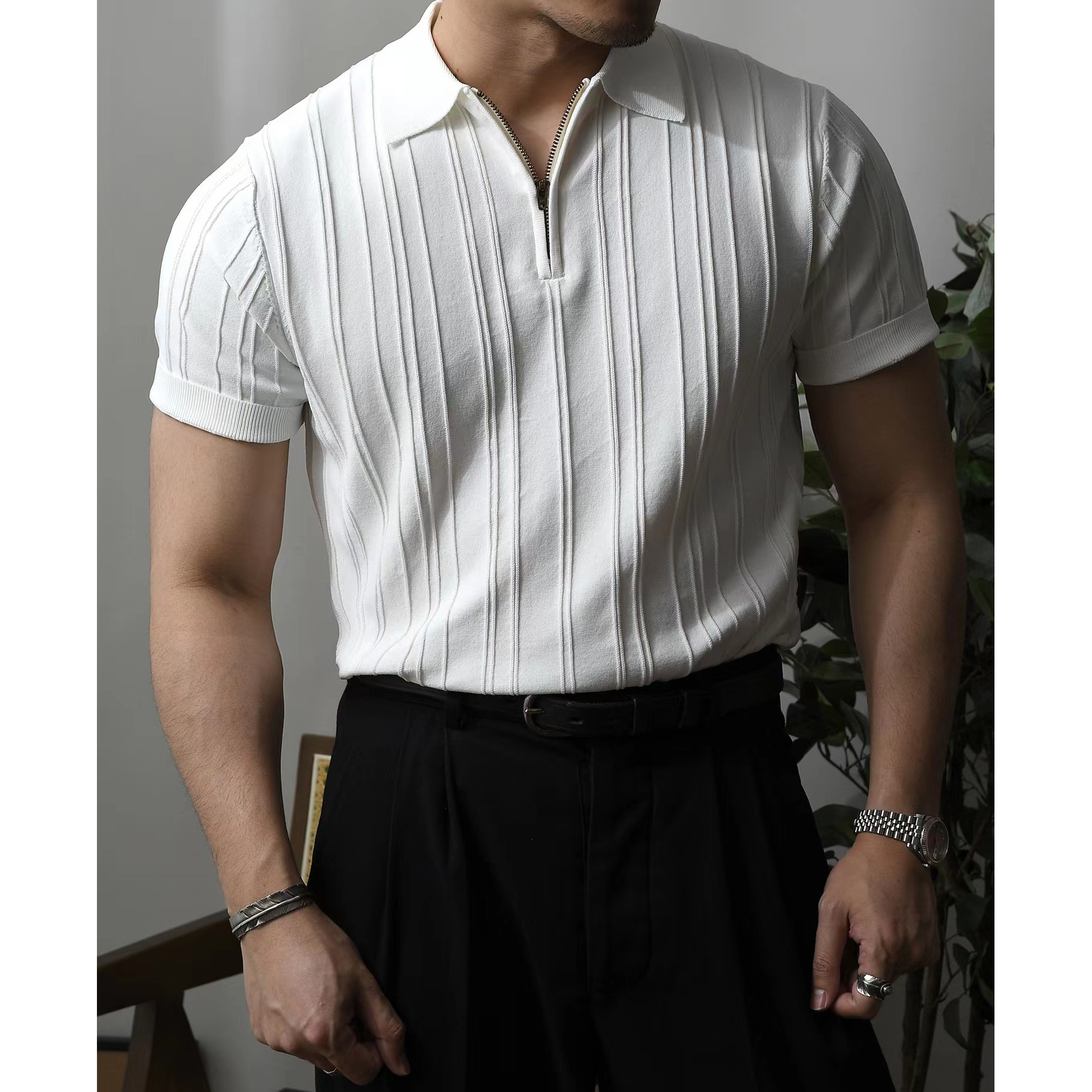 Polo camiseta de punto camiseta de manga corta hombre solapa media cremallera rayas viejas camisetas de hielo de viento de verano fábrica transfronteriza al por mayor
