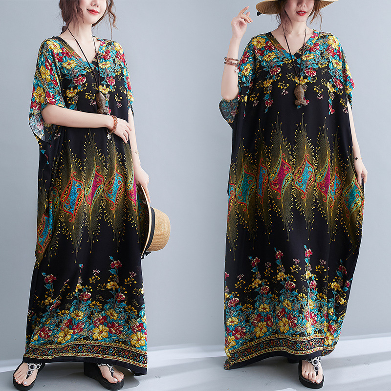 3444# Real shot plus size fat sister Summer long dress loose cotton silk belly covering slimming V-neck robe 3444# Real shot plus size fat sister Summer long dress loose cotton silk belly covering slimming V-neck robe