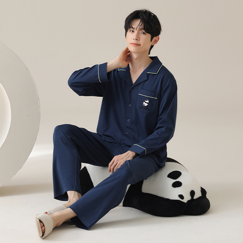 남성 잠옷 봄 가을 신상 2024 가디건 루즈 순면 편안한 대형 청년 및 중년층이 집에서 입을 수 있는 옷
