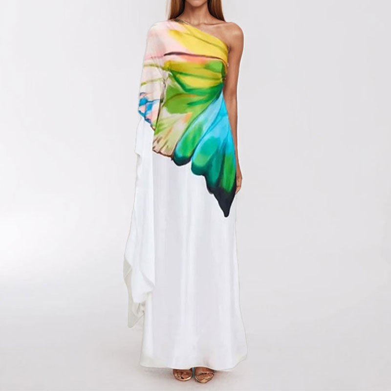 Transfronterizo 2025 Amazon primavera nueva ropa de mujer europea y americana con estampado de hombros inclinados temperamento elegante vestido delgado largo image 7
