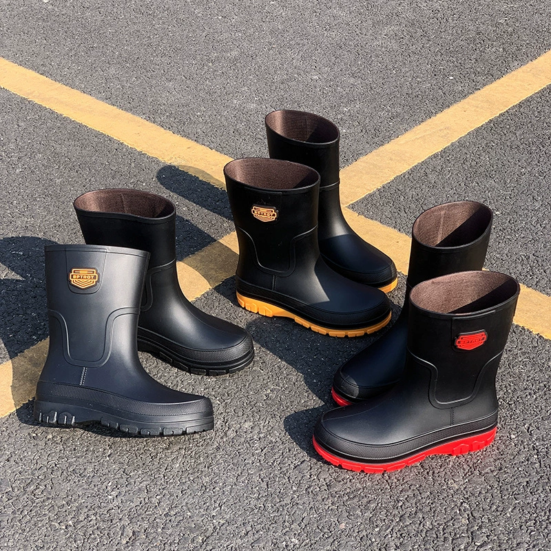 Трансграничные сапоги от дождя Мужская мода средняя труба от дождя сапоги противоскользящие и износостойкие водяные сапоги на толстом дне мужская рабочая резиновая обувь носить водонепроницаемые туфли