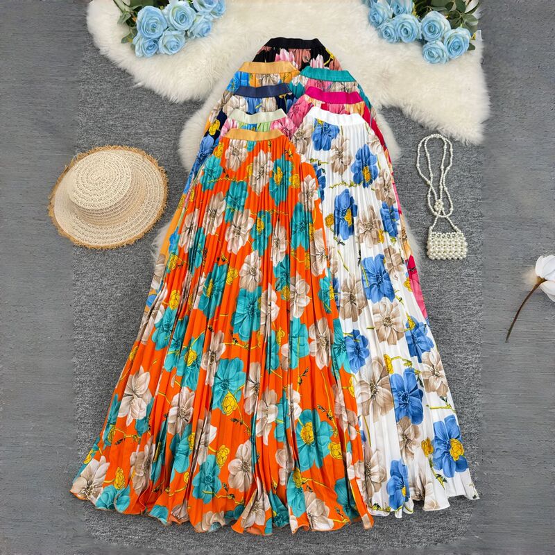 European and American Cross-Border 2026 Summer 3D Floral Pleated Flared Skirt, Vacation Style, Elegant and Versatile Long Skirt