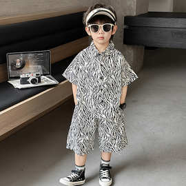 男童夏季套装2026新款韩版儿童斑马纹短袖衬衫两件套宝宝夏装衣服
