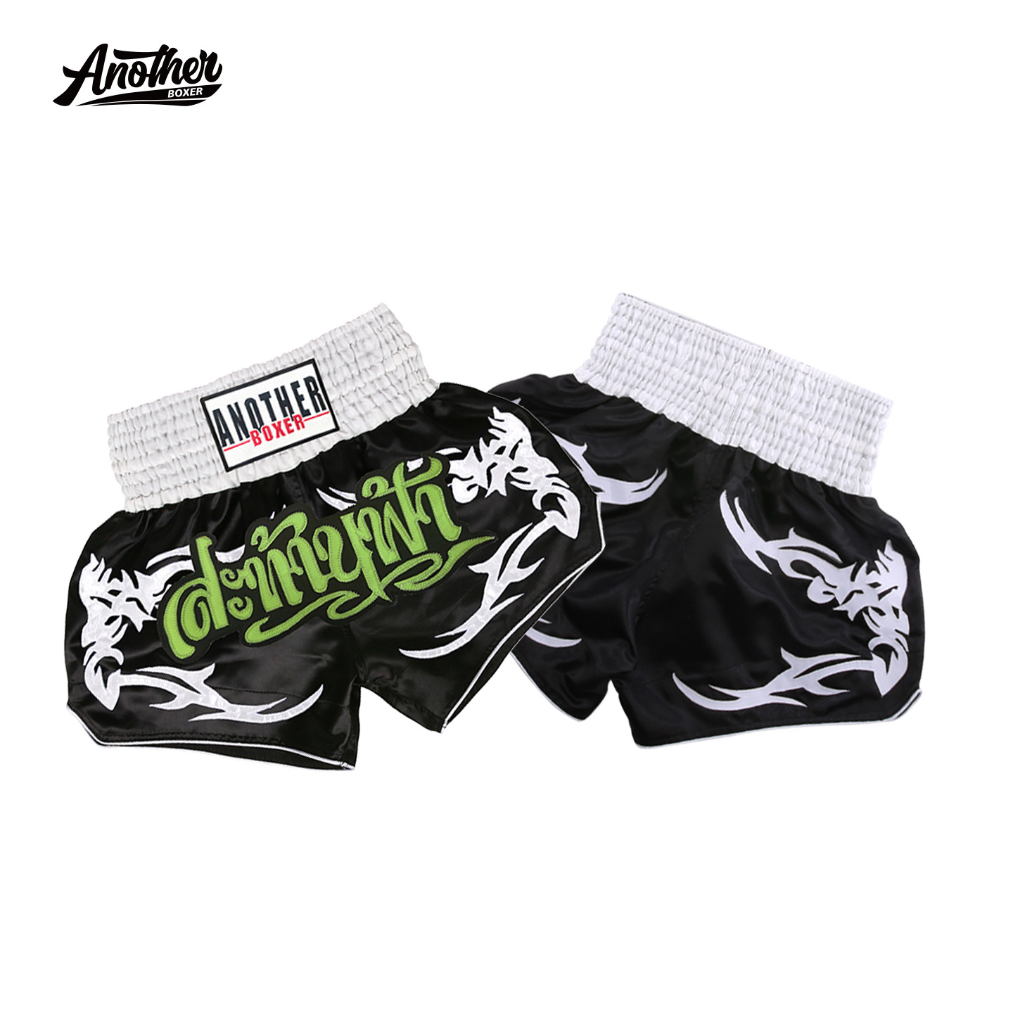 ANOTHERBOXER black Muay Thai pants, combat shorts, leather embroidery, shiny finish