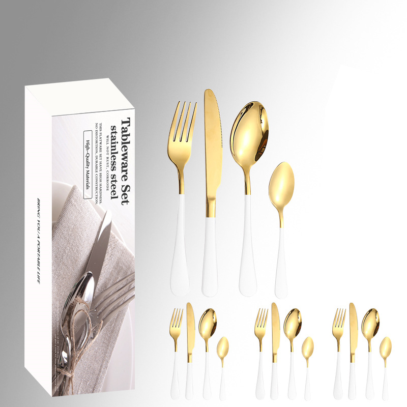 Amazon productos calientes de acero inoxidable vajilla 24 unidades traje 1010 cuatro piezas principales caja simple comida occidental cuchillo, tenedor y cuchara