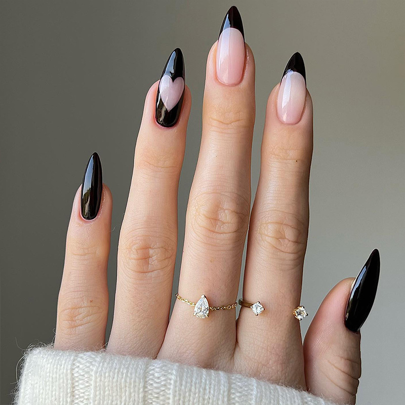 Cross-border almond nail autumn and winter New black French hollow love wear nail beauty nail piece finished nail patch