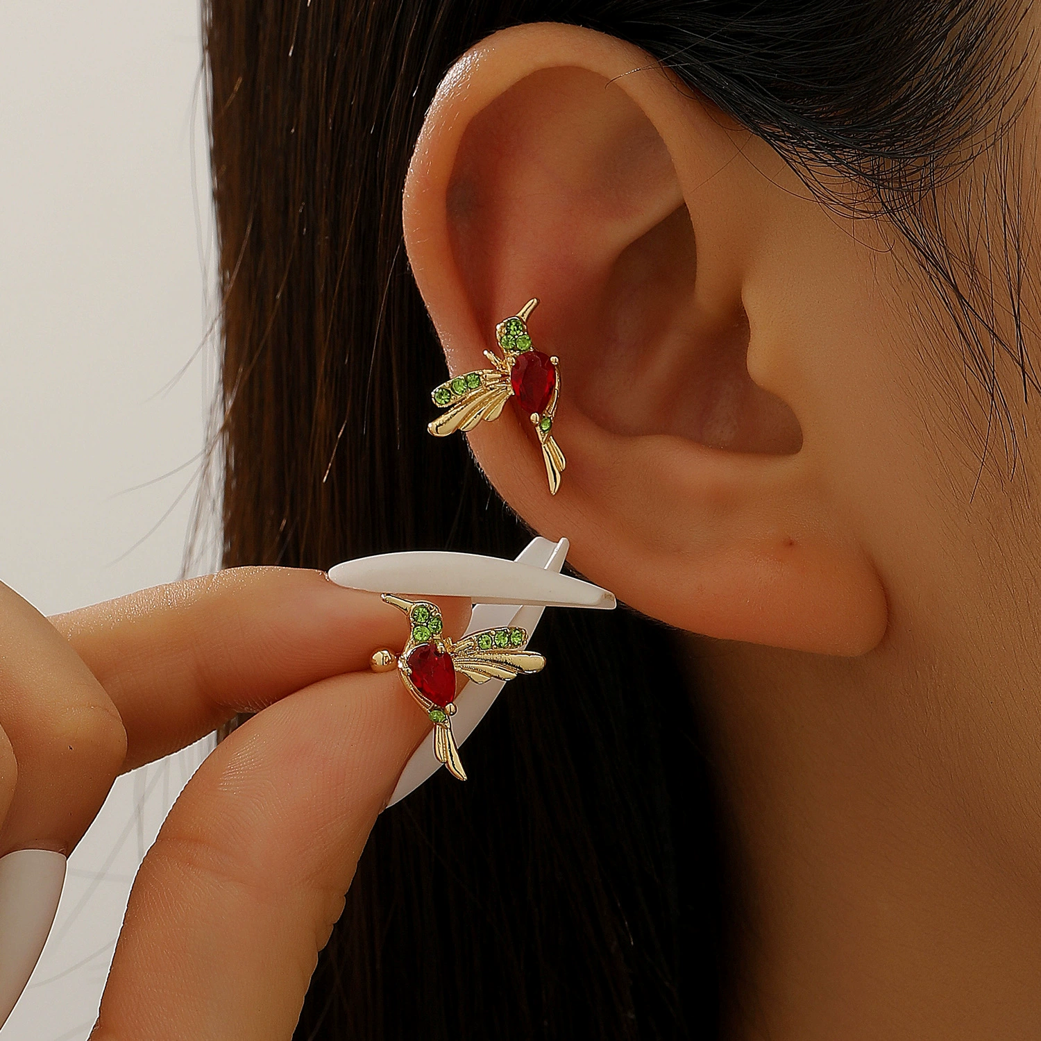 Long Hummingbird Drop Earrings, delicate chain, multi-color plated, 6.16 cm