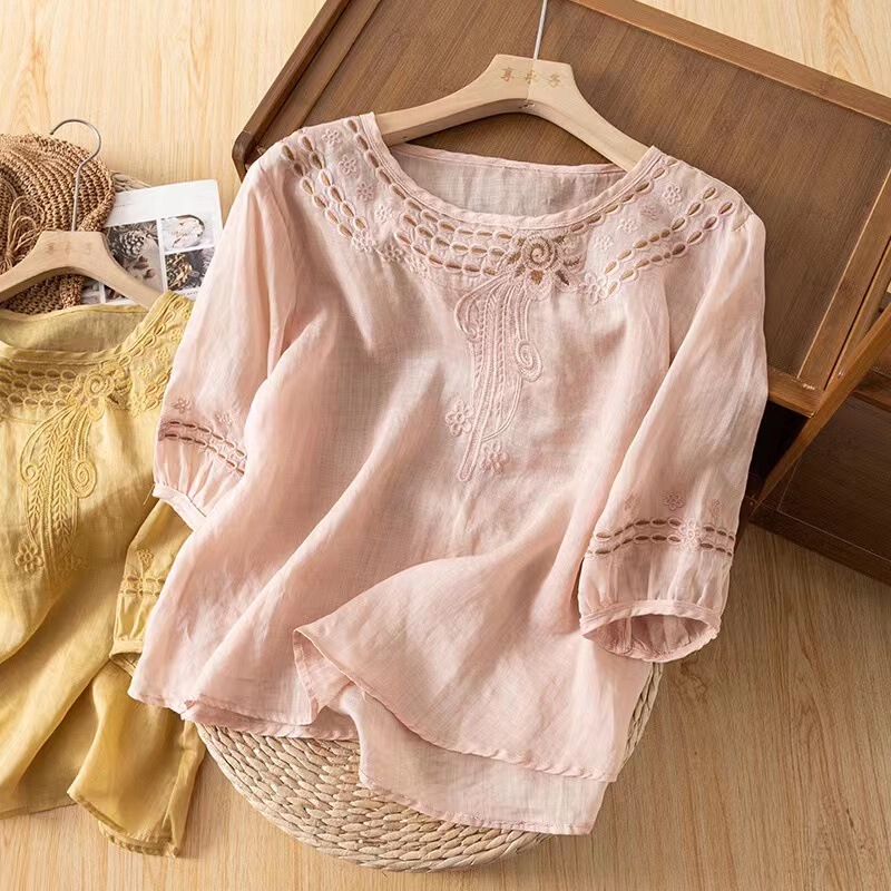 Summer New Vintage 100 Pieces Fine Cotton and Linen Shirt Women's Artistic Handmade Embroidered Round Neck T-Shirt Elegant Thin Top