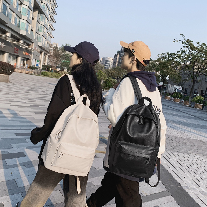 Japanese-Style Simple Solid Color Backpack 2025 New Trendy Textured Large Capacity Pu Student School Bag