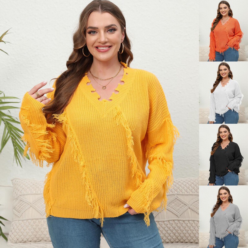 Knitted Sweater Cross-Border European and American Plus-Size Women's Clothing Autumn and Winter New V-Neck Fringed Patchwork Pullover Sweater Acrylic Fiber