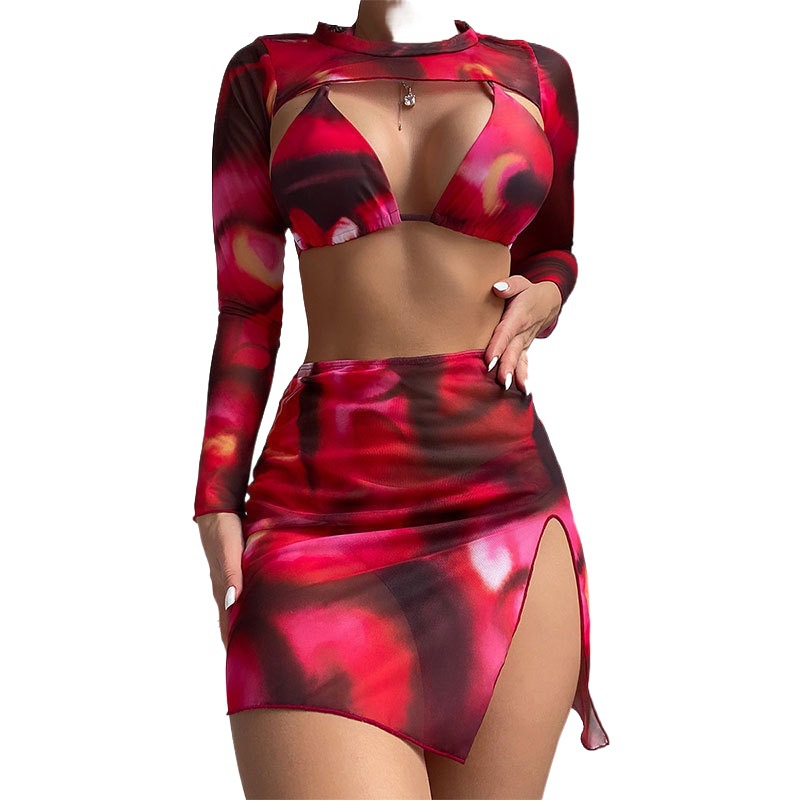 2025 Nuevo bikini europeo y americano Tie-Dye Traje de baño de tres piezas Traje de baño de bikini de playa de manga larga para mujer al por mayor