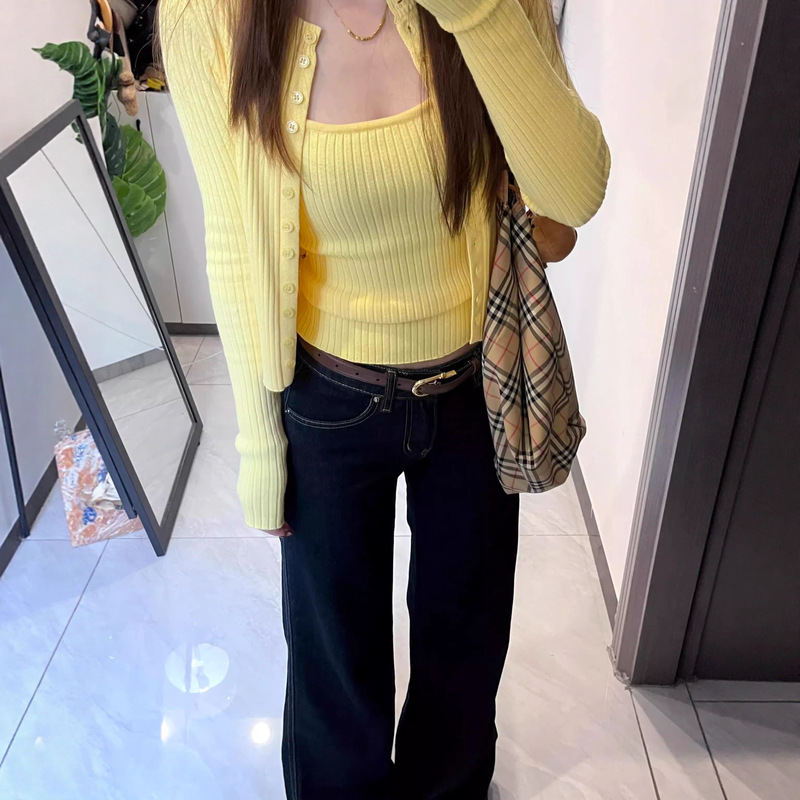 温柔风黄色短款针织开衫小外套女春季内搭修身吊带背心小众两件套|undefined