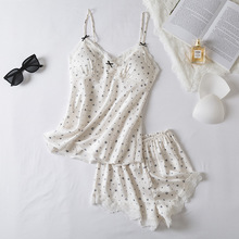 冰丝女士吊带睡衣套装夏季家居服两件套蕾丝边可爱印花睡衣女