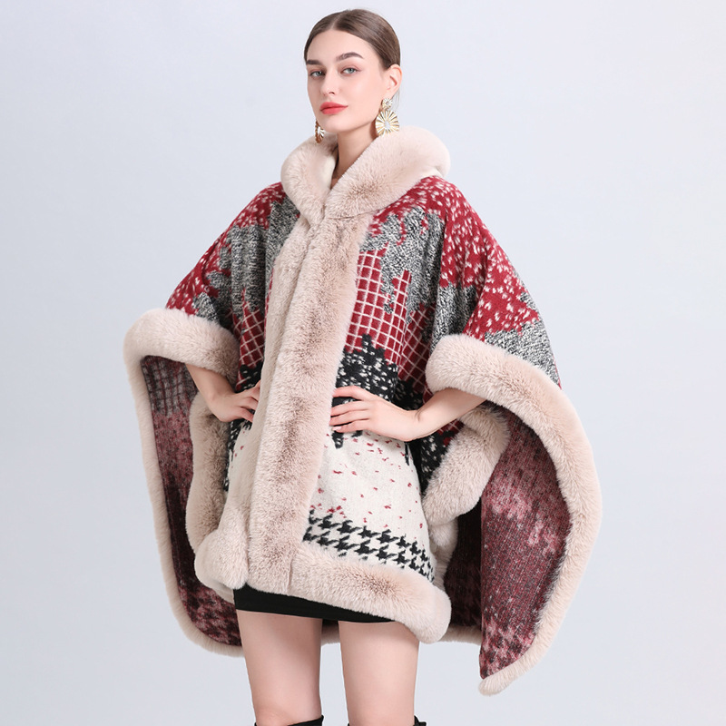 Jacquard fringe hooded cape cape loose knit cardigan plus-size woolen coat_voghion.com
