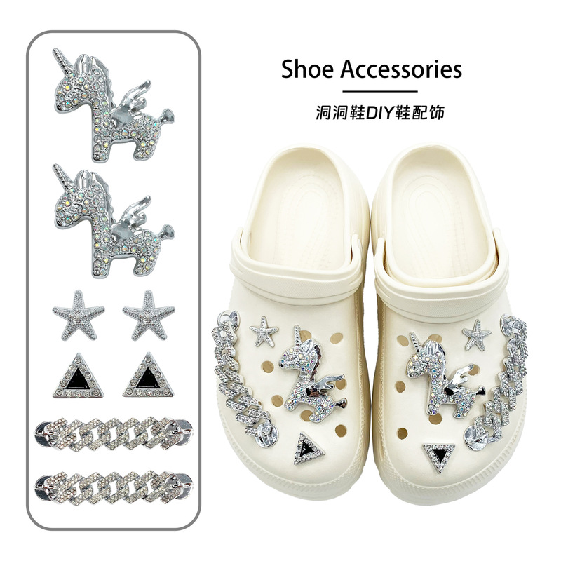 2026 New Cross-Border Clog Shoe Accessories with a High-End Feel, Colorful Rhinestones, Silver Unicorn Rhinestones, Triangle Logo Shoe Charms, Shoe Buckles