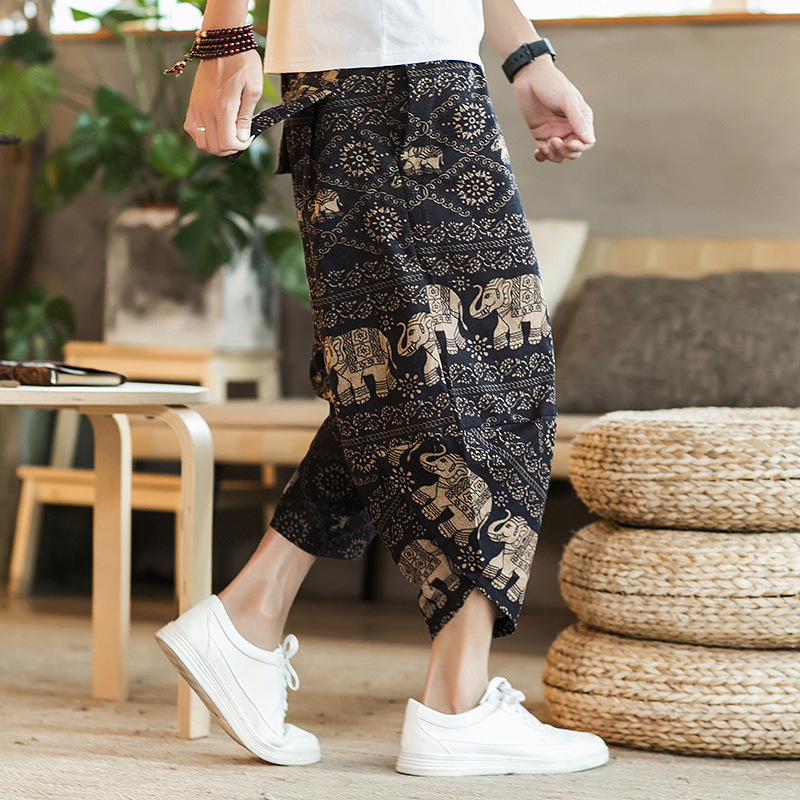 Foreign trade wholesale summer Chinese style large size cotton and linen beach pants men's ethnic style floral thin linen cropped pants