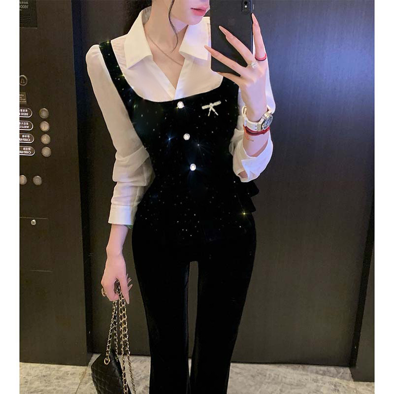 【两件套】2025春秋季长袖衬衣黑白色假两件衬衫女+长裤时尚套装