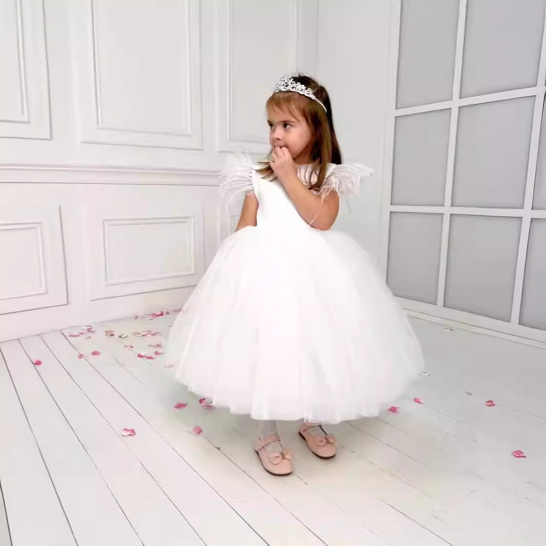 Abito da principessa per bambine Mother & Kids con maniche in tulle effetto piuma, costume da spettacolo, abito formale per bambina, abito da damigella d'onore._voghion.com
