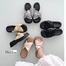 超软巨舒服~法式云朵露趾半拖鞋女夏新款褶皱扭结休闲厚底凉拖鞋