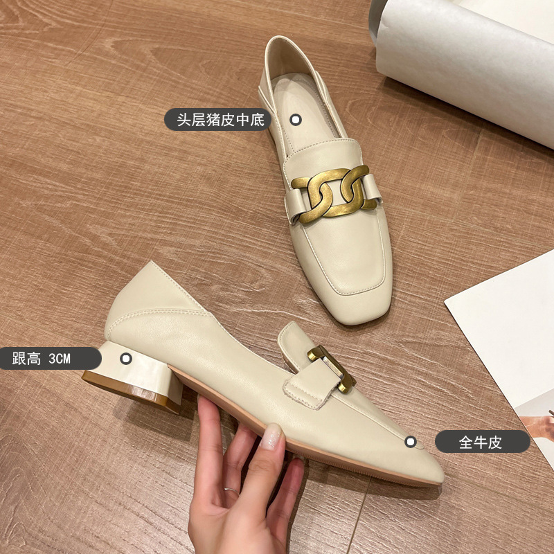 真皮乐福鞋女2025春秋新款方头软底中跟单鞋粗跟通勤工作鞋不累脚|undefined