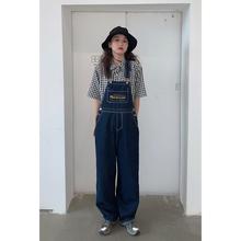 春秋2024新款韩版ins复古港味背带裤宽松直筒阔腿牛仔裤女裤子潮