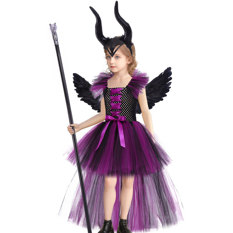 女童沉睡魔咒服装连衣裙万圣节派对cosplay女巫演出服拖尾礼服裙|undefined