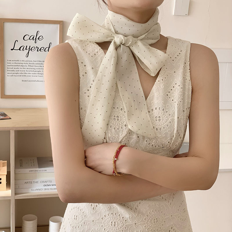 Bufanda de seda, banda larga, sensación de alto nivel, bufanda de lunares pequeños, decoración de cinta de doble capa, banda para el cabello estrecha, bolsa de atar drapeado, cinturón de cinta