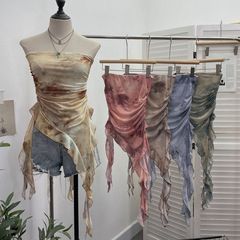 2025新款夏季扎染荷葉邊網紗抹胸不規則飄泰式網紗裹胸背心上衣