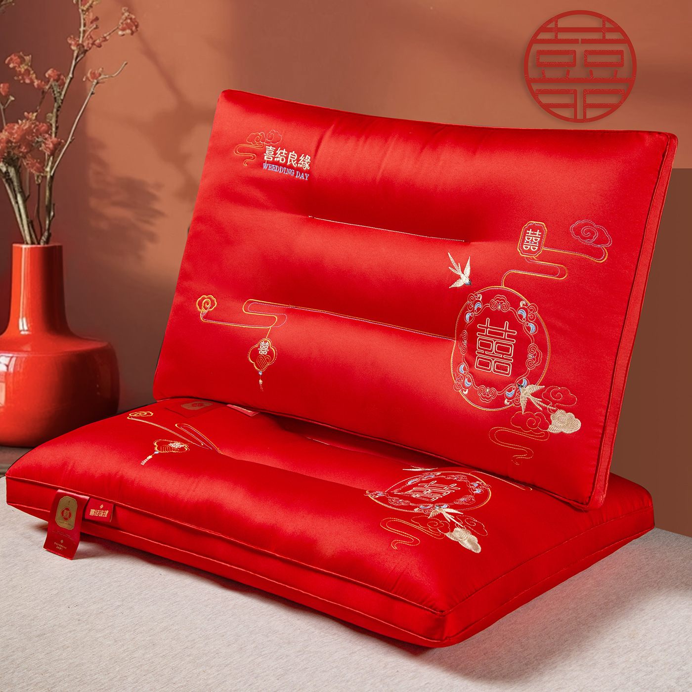 Nuevo algodón almohada de cuello de boda ayuda a dormir núcleo de almohada bordado rojo gran algodón casado pareja casada