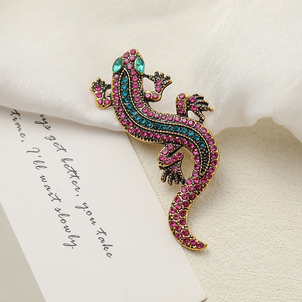 Broche exclusive transfrontalière unique en alliage, style européen et américain, ornée d'un gecko et de diamants._voghion.com