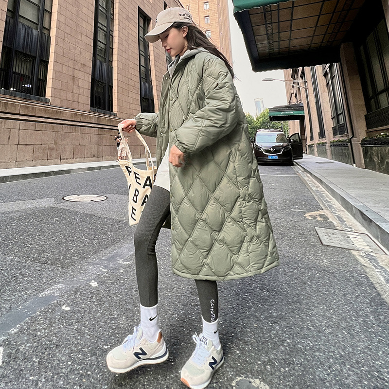 Diamond-Patterned Cotton Coat for Women, Mid-Length, Over-The-Knee, Lightweight down Cotton Jacket for Autumn and Winter, 2026 New Model, Knitted Hooded Cotton-Padded Jacket