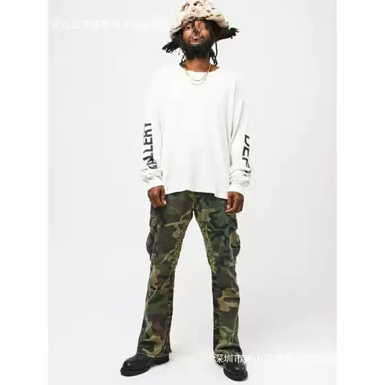 American High Street Gallery Depot Green Camouflage Splash Ink Splicing Trumpet Work Pants Micro Pull Splicing Casual Pants