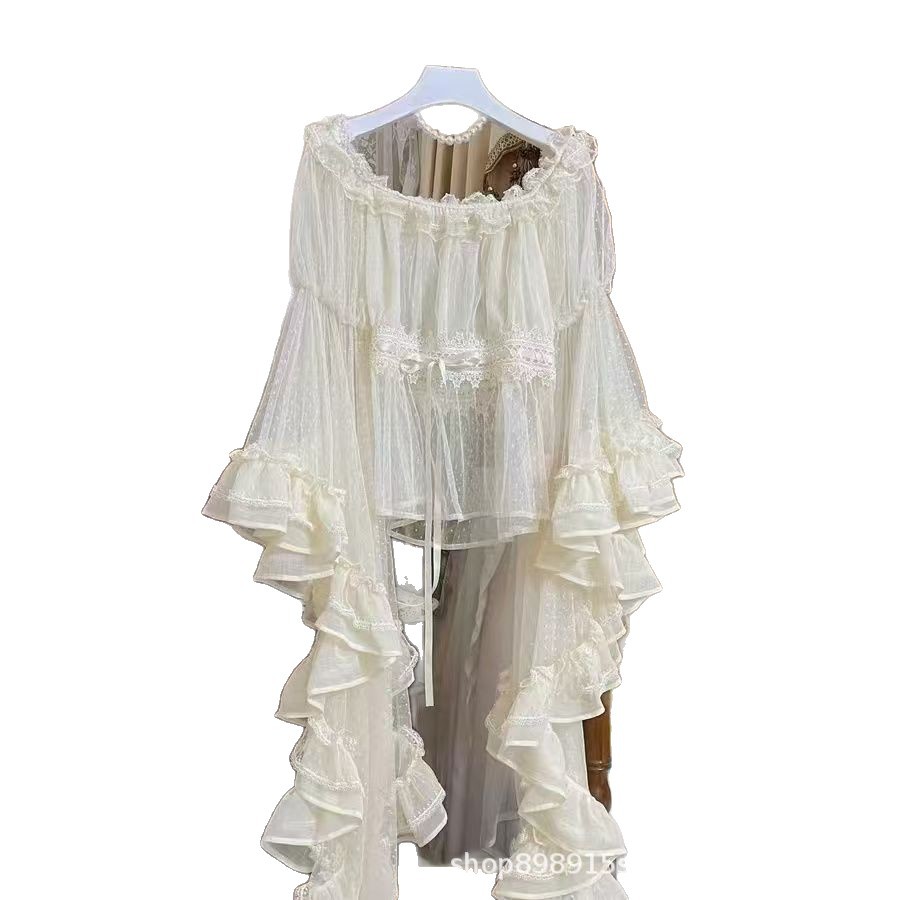 Off-shoulder butterfly sleeve Lolita mesh blouse top, transparent versatile base layer Lolita inner wear