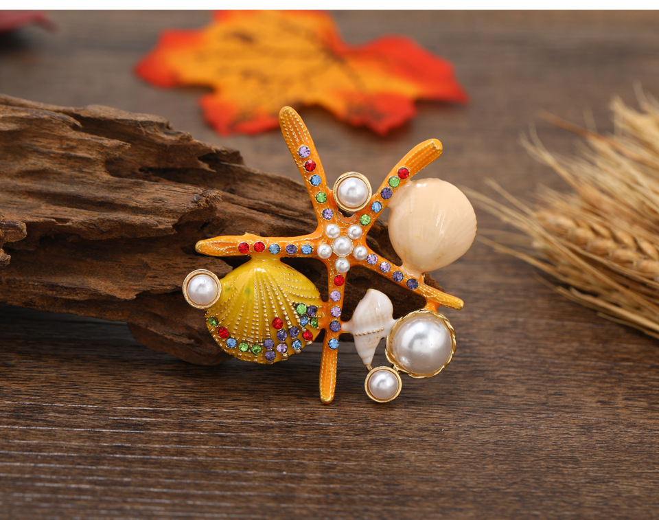 Alloy Material Starfish, Shell Pattern Korean Style Pin Starfish Shell Alloy Plating Inlay Rhinestones Pearl Unisex Brooches
