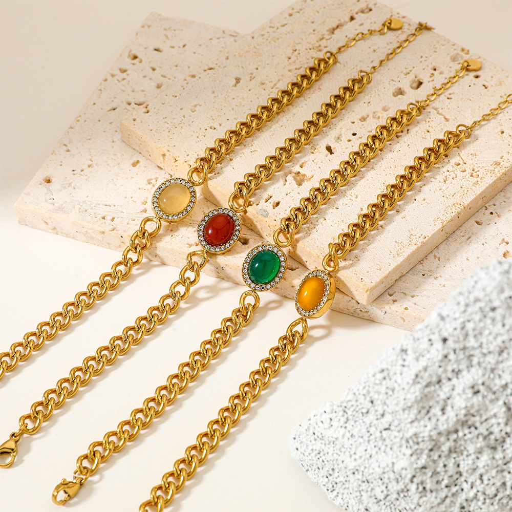 17g Weight 0.03µm-0.05µm Gold Plating Thickness PVD Coated Gold Plating Process Fashion Oval Stainless Steel Plating Inlay Agate Zircon Bracelets 1 Piece