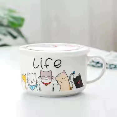 Microwave ceramic noodle bowl with lid and handle, 5.25″ and 6″, cute printed designs