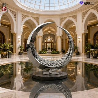 不锈钢镜面新月镂空雕塑度假村酒店水景广场美陈落地装置来图定制