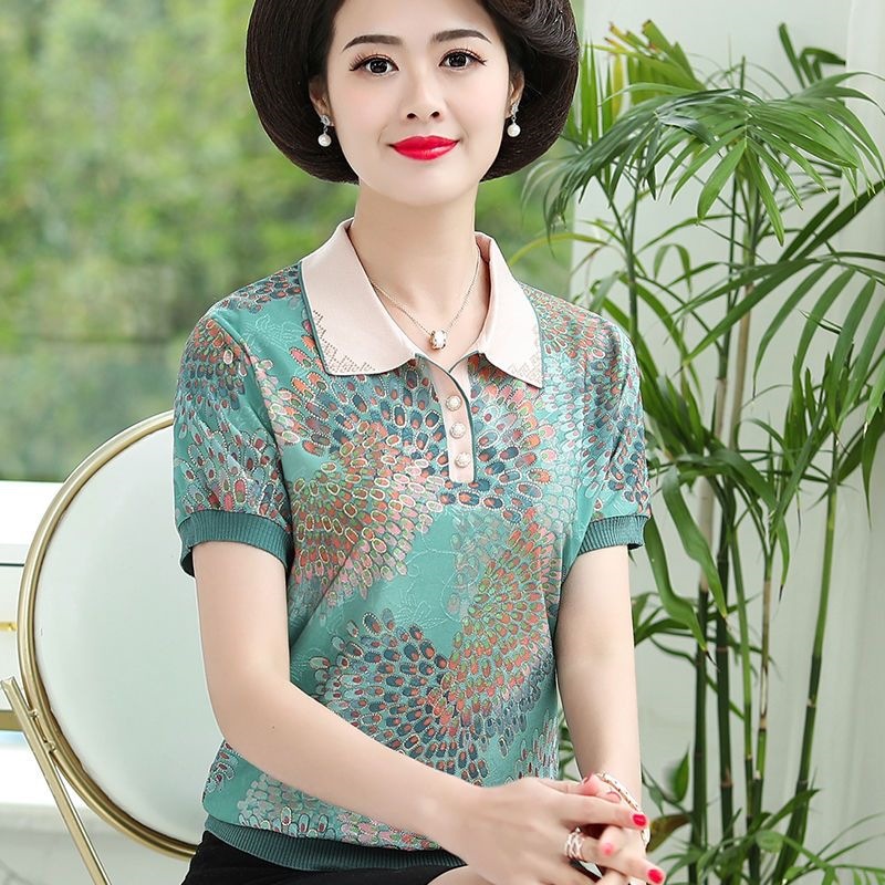 妈妈装夏装上衣短袖大码洋气翻领冰丝t恤有领宽松中老年女体恤衫M