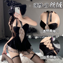 曼烟情趣内衣性感丝绒抹胸美背银丝蛛网夜店镂空绑带连衣裙100028