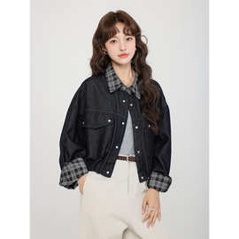 2025秋季新款收腰显瘦格子翻领牛仔短外套女复古长袖短款夹克上衣