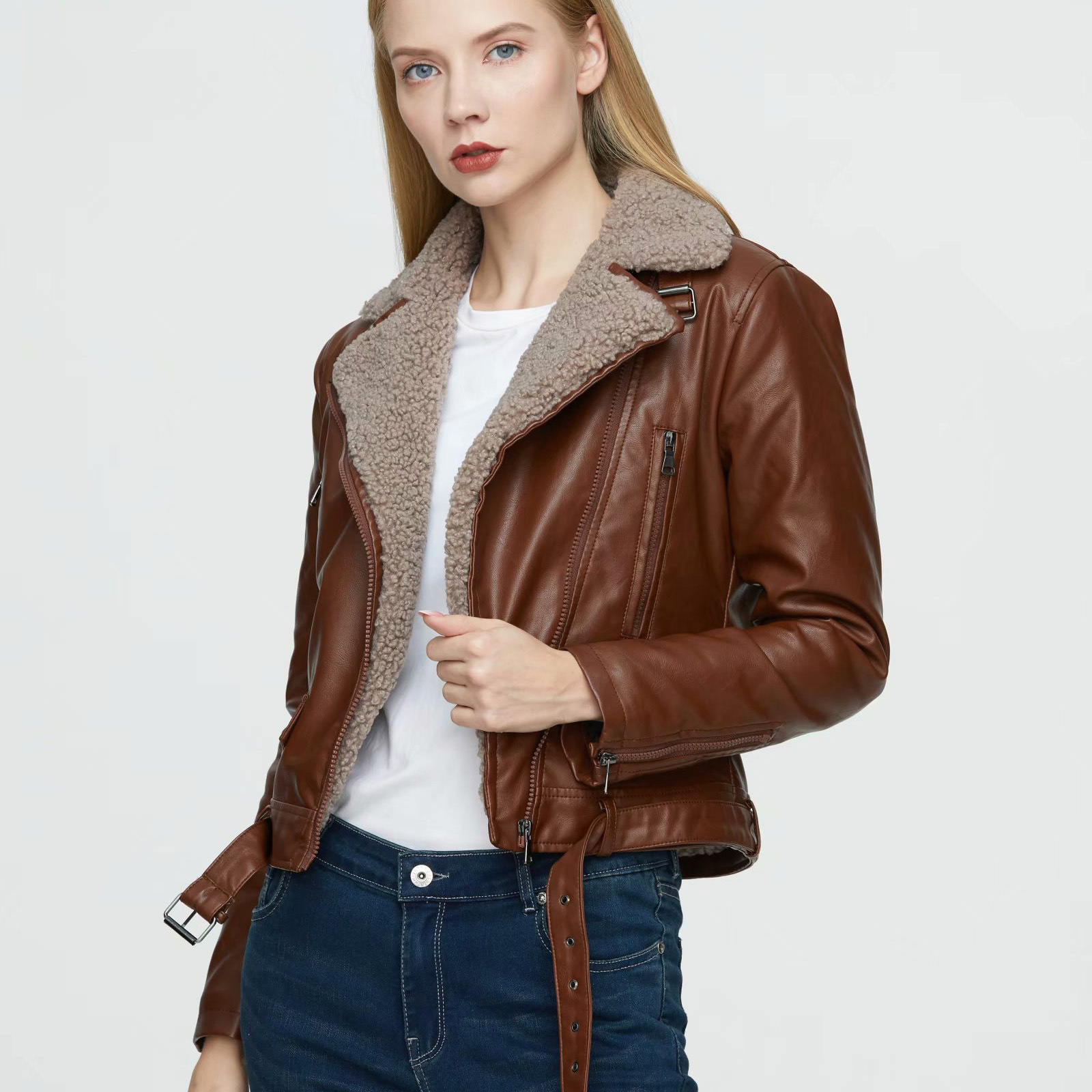 Abbigliamento donna autunno e inverno pelliccia tutto in uno pelliccia di agnello moto giacca in pelle da donna ispessita_voghion.com